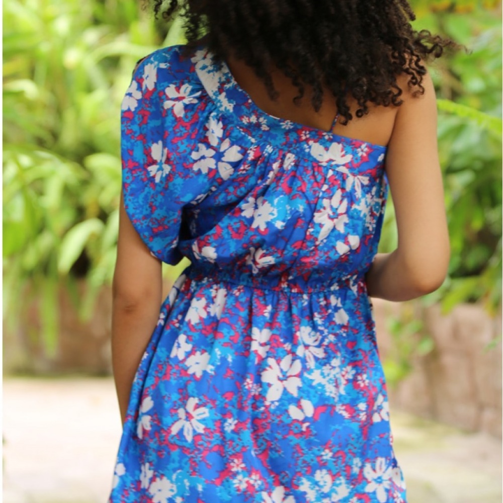 Blue One Shoulder Floral Dress